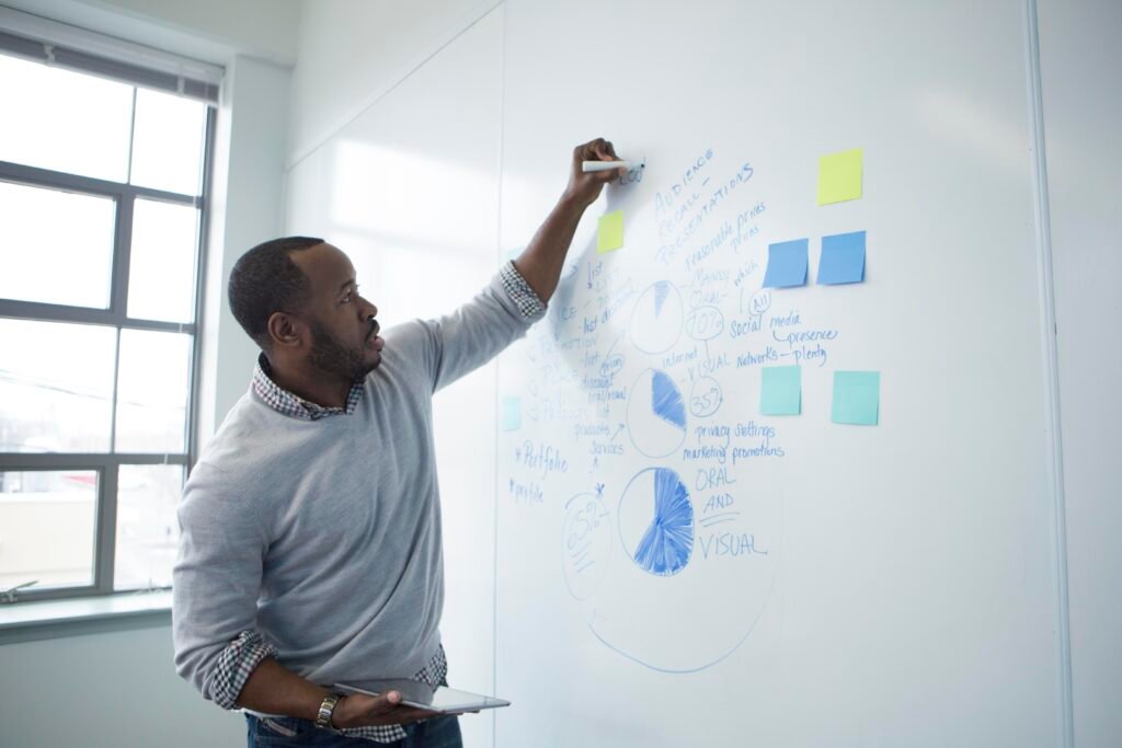 A professional presenting SEO strategies on a whiteboard during a meeting, with charts and notes related to marketing and online presence. The individual is holding a tablet and actively explaining ideas to an unseen audience